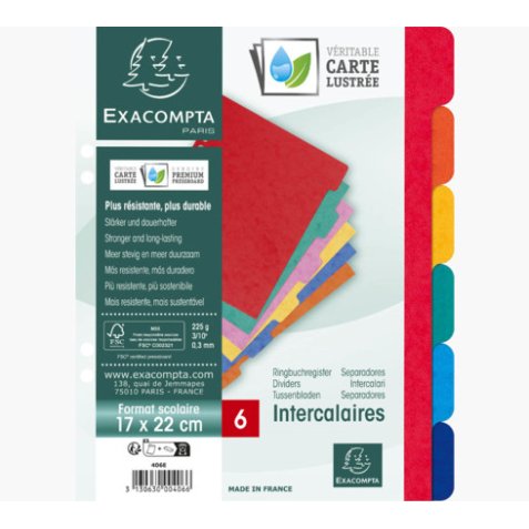 Intercalaires carte lustrée 225g 6 positions - format écolier 17x22cm - Couleurs assorties