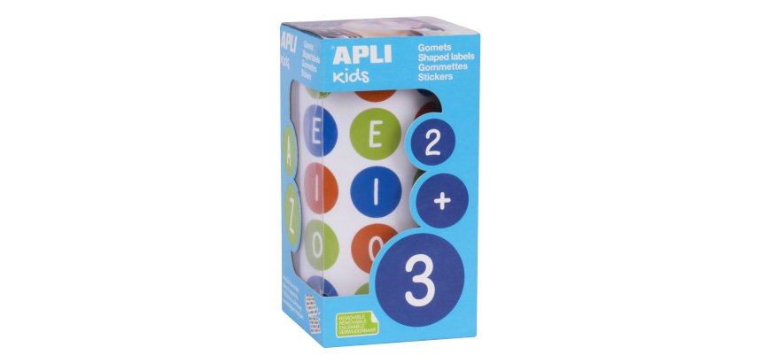Gommette apli kids voyelles majuscules 20mm coloris       assortis rouleau 900 unites