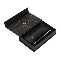 Stylo-bille et etui simili cuir belius soiree aluminium details et attributs or encre bleue coloris noir coffret cadeau