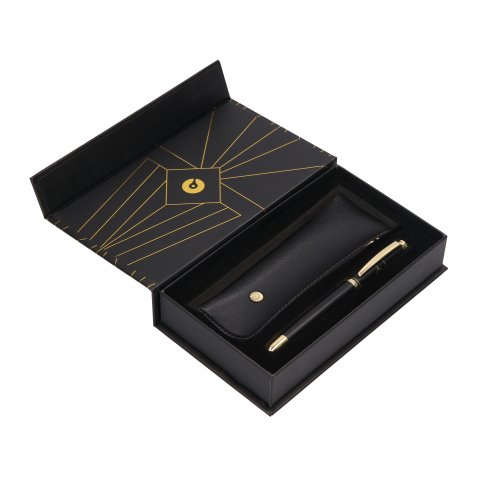 Stylo-bille et etui simili cuir belius soiree aluminium details et attributs or encre bleue coloris noir coffret cadeau