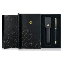 Stylo-bille et etui en simili cuir belius passion aluminium brosse attributs or encre bleue coloris noir coffret cadeau