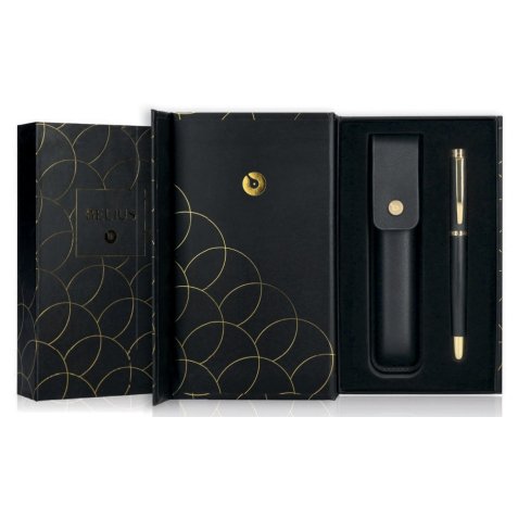 Stylo-bille et etui en simili cuir belius passion aluminium brosse attributs or encre bleue coloris noir coffret cadeau
