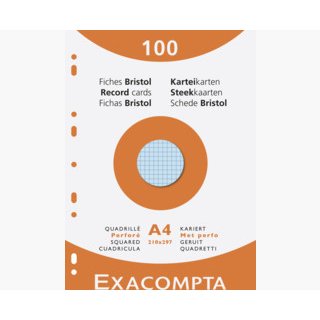 Étui de 100 fiches - bristol quadrillé 5x5 perforé 210x297mm - Couleurs assorties