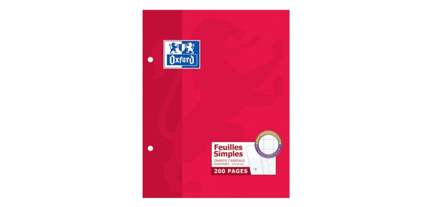 Feuilles simples Oxford 17x22cm grands carreaux Seyès 200 pages étui carte rouge