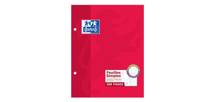 Feuilles simples Oxford 17x22cm grands carreaux Seyès 200 pages étui carte rouge