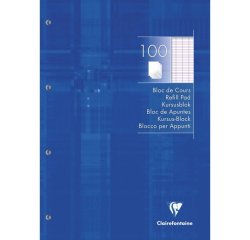 Bloc de cours encollé grand côté A4 200 pages détachables perforées 4 trous grands carreaux - Bleu