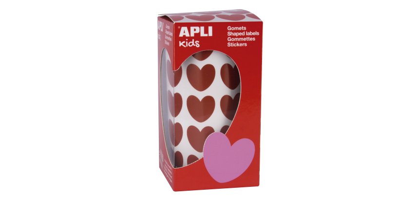 Gommette apli kids motif coeur 20x18mm coloris rouge rouleau 30 feuilles boîte 900 unités