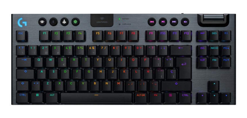 Logitech G Teclado para gaming inalámbrico de perfil bajo G915 X LIGHTSPEED TKL, teclas de PBT de doble moldeado, teclas totalmente programables, retroiluminación RGB, elegante acabado en aluminio, táctil marrón GL - PC/Mac, Layout ES