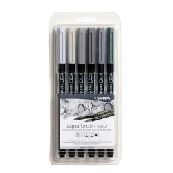 Etui plastique 6 feutres AQUABRUSH DUO double pointe (fine & pinceau) nuances de gris