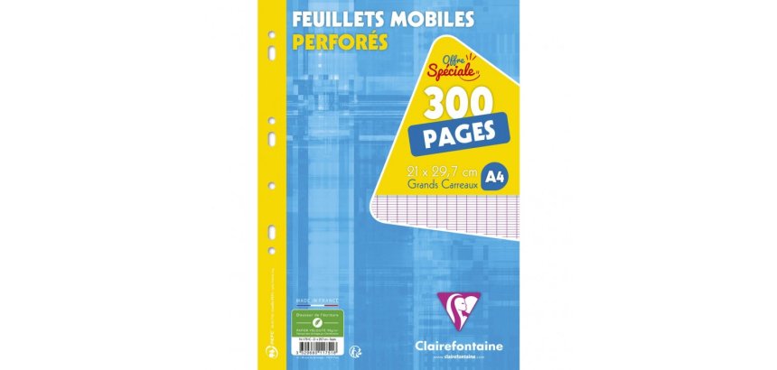 Feuillets mobiles sous film A4 300 pages perforées grands carreaux - Blanc