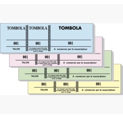Bloc tombola 100 feuillets numérotés de 3 volets - Format 4,8x15 cm - Couleurs assorties