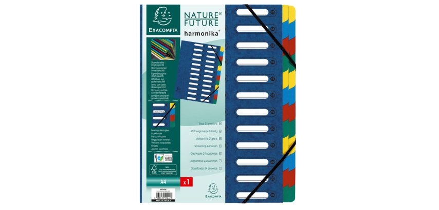 Trieur HARMONIKA® à fenêtres avec élastiques véritable carte lustrée 24 compartiments - Bleu