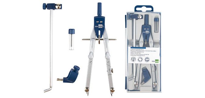 Compas liderpapel micrométrique articulé circonférence 38cm allonge vis réglage rapide bague universelle mine 2mm étui