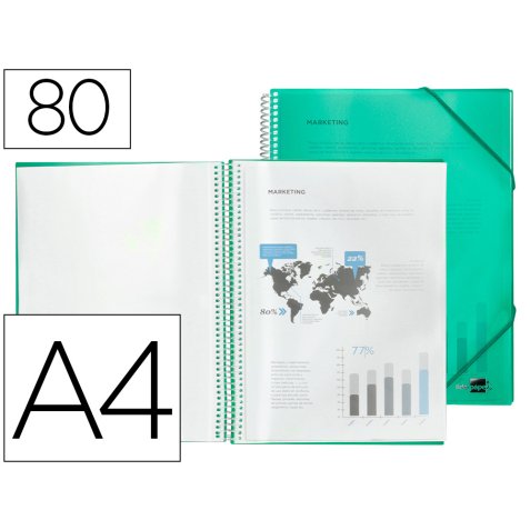 Protège-documents liderpapel polypropylène couverture rigide spirale 80 pochettes fixes a4 210x297mm coloris vert