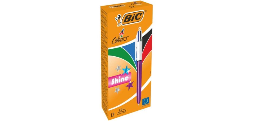 Stylo-bille bic 4 couleurs shine pointe 1mm écriture moyenne corps violet métallisé brillant