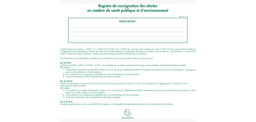 Registre de consignation des alertes en matière de santé publique et d'environnement Exacompta - 20 pages