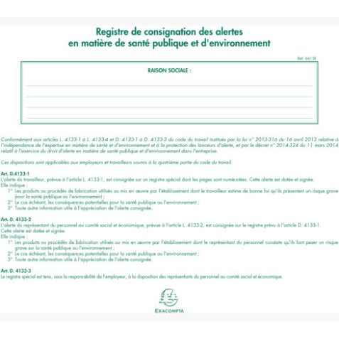 Registre de consignation des alertes en matière de santé publique et d'environnement Exacompta - 20 pages