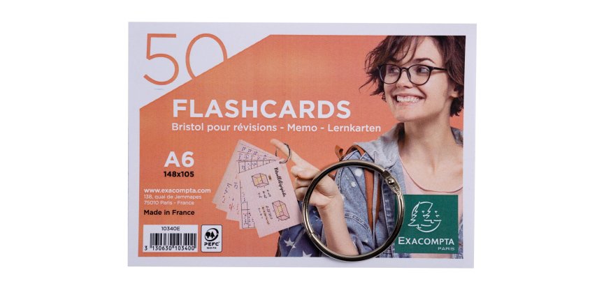 Paquet de 50 Flashcards sous film + anneau - bristol ligné perforé - format A6 - Couleurs assorties