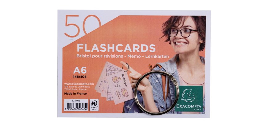 Paquet de 50 Flashcards sous film + anneau - bristol ligné perforé - format A6 - Couleurs assorties
