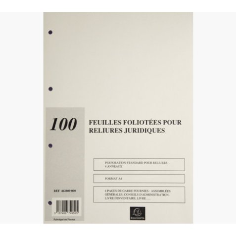 Recharge de 100 feuillets A4 80g pour reliure juridique 4 anneaux - Ivoire