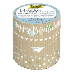 Ruban adhesif decoratif washi tape papier kraft ii happy    birthday longueur 10m pack 4  rouleaux 3x15mm + 1x5mm