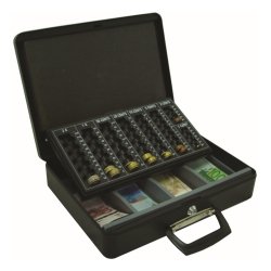 Caisse monnaie q-connect structure acier 0.8mm épaisseur plateau amovible espace billets 370x110x290mm coloris noir