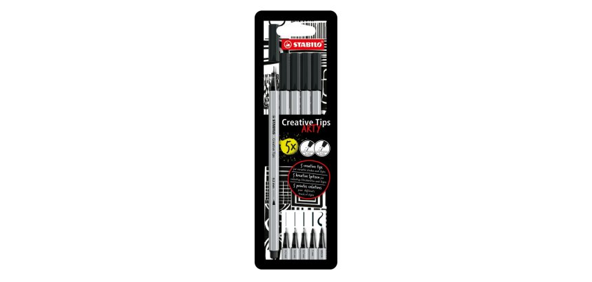 Feutre stabilo creative tips arty encre base eau pointes   assorties coloris noir etui 5 unites