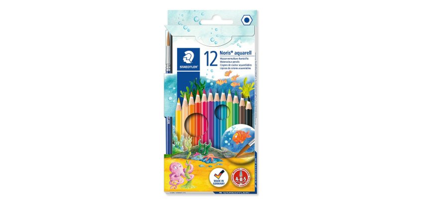 Crayon couleur staedtler noris club aquarell mine 3mm abs anti-casse pinceau inclus coloris vifs étui carton 12 unités