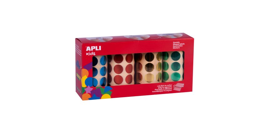 Gommette apli kids forme rondediam. 20mm coloris metallises jaune bleu rouge vert pack de 4 rouleaux 5640 unites
