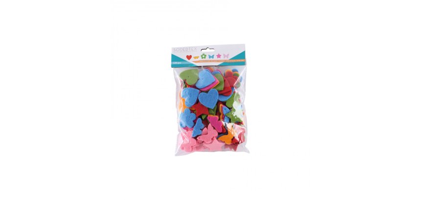 Feutrine sodertex pack fleurs papillons coeurs etoiles 3mm  120 pcs