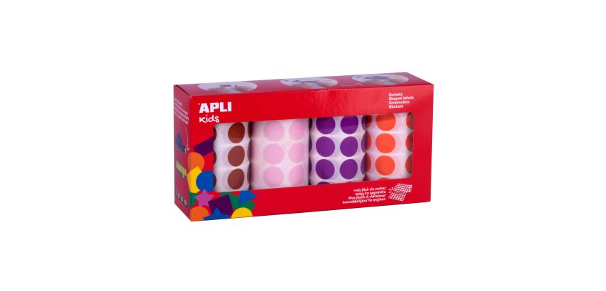 Gommette apli kids permanente ronde 20mm coloris rose marron lilas orange boîte 4 rouleaux