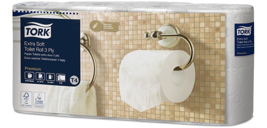 Papier toilette tork premium rouleau traditionnel extra    doux  155f 3plis ecolabel     paquet de 8 rouleaux