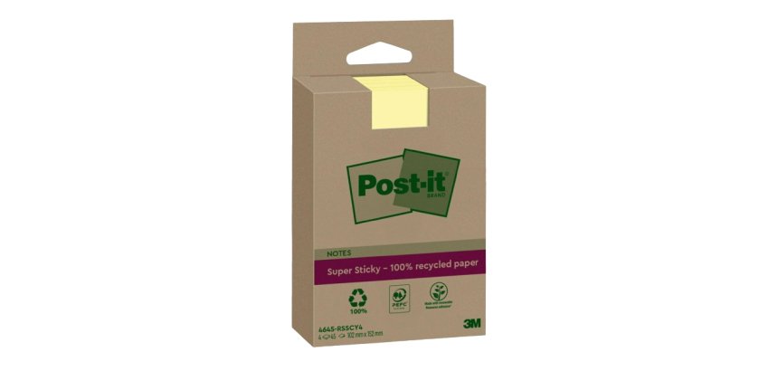 Bloc-notes post-it super sticky grand format recycles 102x152mm 45f repositionnables lignes coloris jaune pack 4 blocs