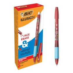 Roller bic gel-ocity illusion pointe moyenne 0,7mm grip caoutchouc encre effacable et rechargeable rouge + 2 recharges