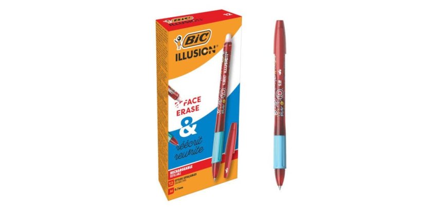 Roller bic gel-ocity illusion pointe moyenne 0,7mm grip caoutchouc encre effacable et rechargeable rouge + 2 recharges