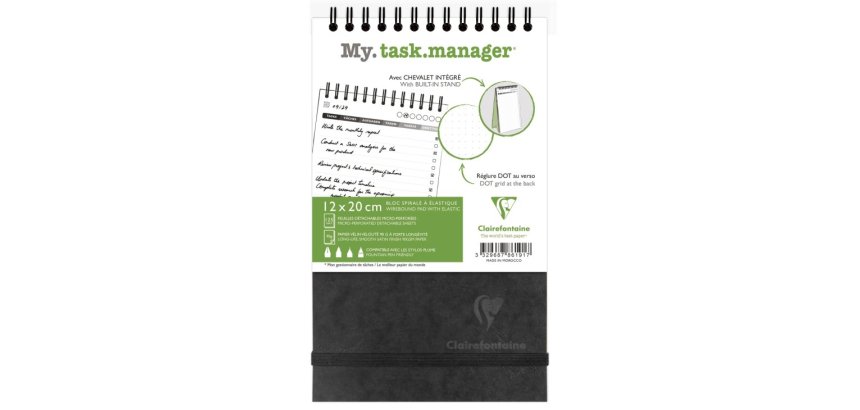 My.task.manager Age Bag bloc de bureau reliure intégrale en-tête 12x20 cm 250 pages détachables réglure DOT au verso - Noir