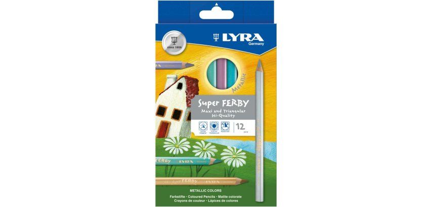 Etui crayons de couleur super ferby lyra forme triangulaire bois 12cm mine 6mm 12 unites  coloris metalliques assortis