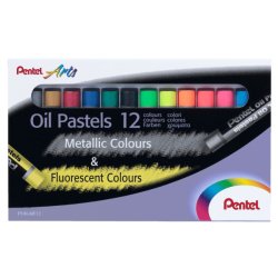 Pastel huile pentel corps rondenrobage papier non salissant diametre 8mm coloris metalliseet fluo assortis boite 12 uni