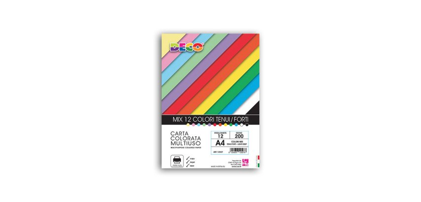Risma carta - A4 - 200 gr - colori assortiti - 12 fogli - DECO