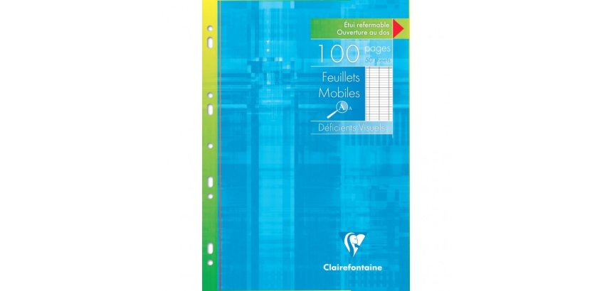Feuillets mobiles sous étui spécial déficients visuels A4 100 pages perforées grands carreaux noirs 2,5mm agrandis 10x10
