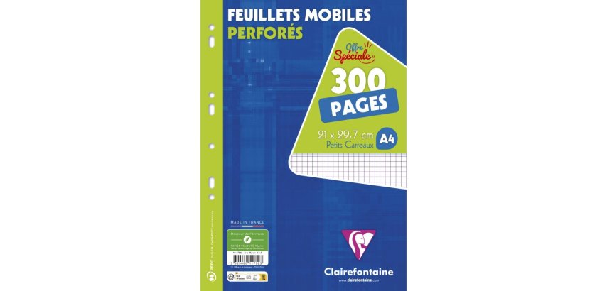 Feuillets mobiles sous film A4 300 pages perforées petits carreaux