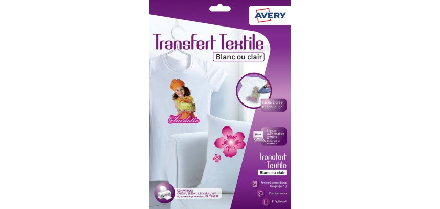 Transfert textile avery a4 jet d encre paquet de 8       coloris blanc ou clair