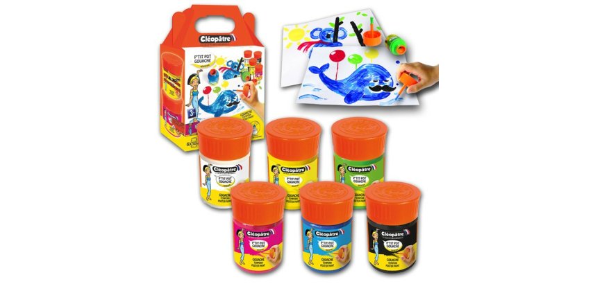 Gouache cleopatre lot de 6 ptit pots de 50 ml avec       pinceau et entonnoir int gr   coloris assortis