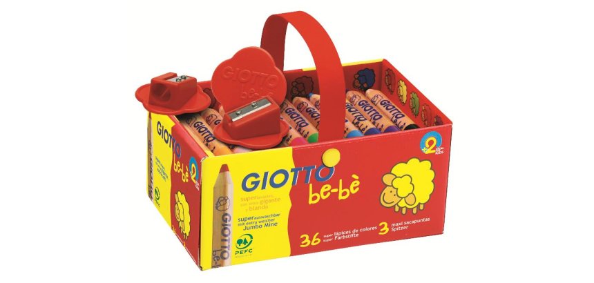 Crayon couleur giotto be-bè 105mm mine facile à tailler diamètre 7mm coloris vifs boîte 36 unités + 3 taille-crayons