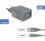 Chargeur pour téléphone mobile Force Power Chargeur secteur USB A + Cable USB C 1.2m Recycle Gris