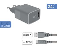 Chargeur pour téléphone mobile Force Power Chargeur secteur USB A + Cable USB C 1.2m Recycle Gris