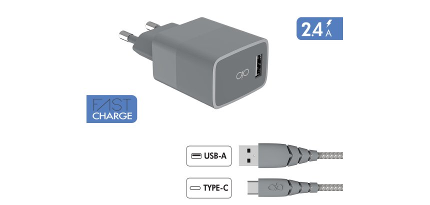 Chargeur pour téléphone mobile Force Power Chargeur secteur USB A + Cable USB C 1.2m Recycle Gris