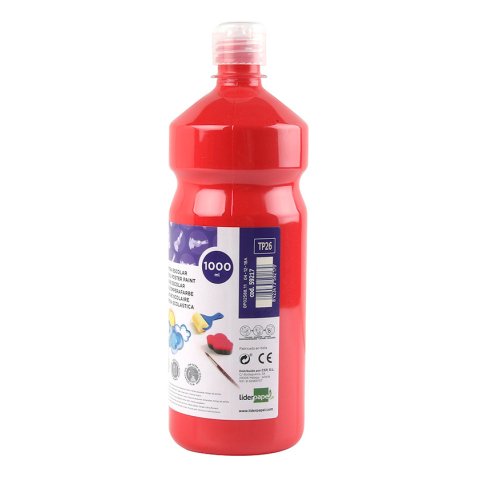 Gouache scolaire liderpapel liquide lavable fermeture sécurité brillante coloris rouge flacon 1000ml