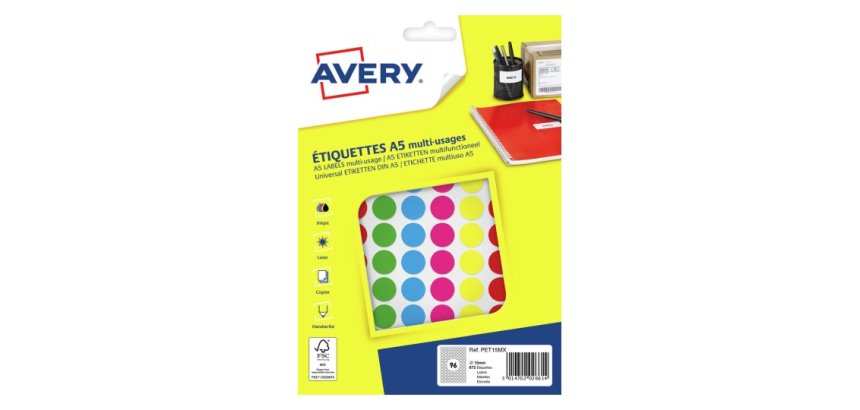 Pastille adhesive avery impression laser jet encre et copieur diametre 15mm         permanente coloris assortis