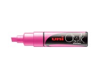Marqueur craie uniball chalk pointe biseautee large 8mm ideale ardoise vitrine resiste pluie coloris rose fluo